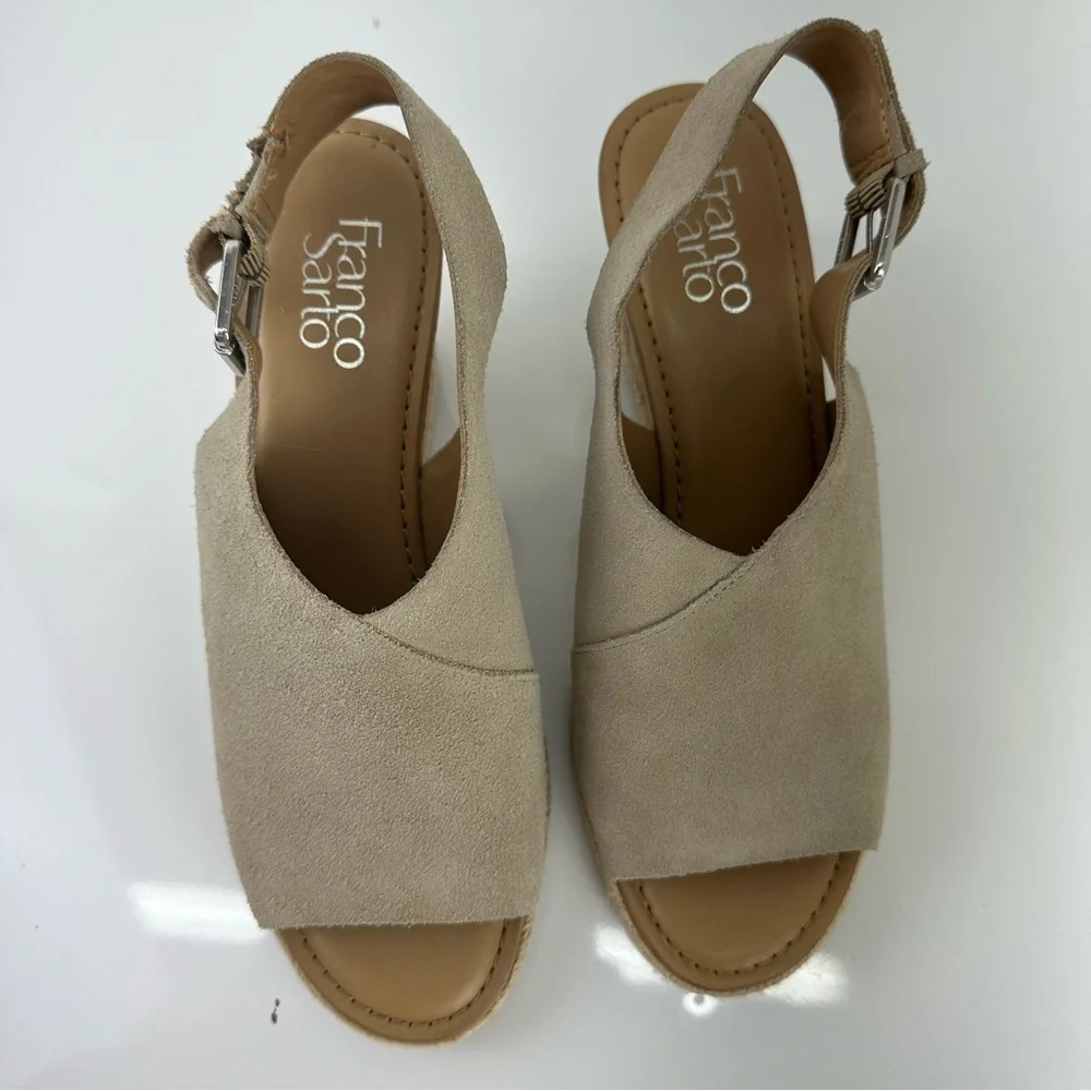 Franco Sarto Julien suede wedge Sandal Taupe Espadrilles 9.5 casual boho western